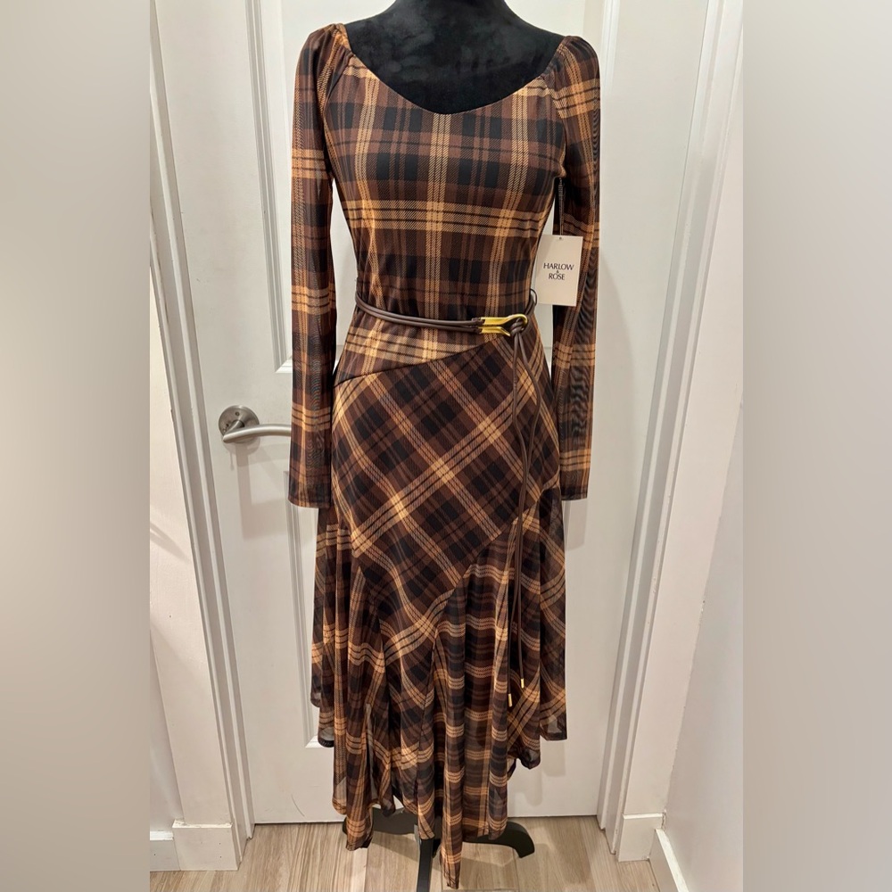 NWT Harlow & Rose 70’s retro plaid sheer layered waterfall dress- S